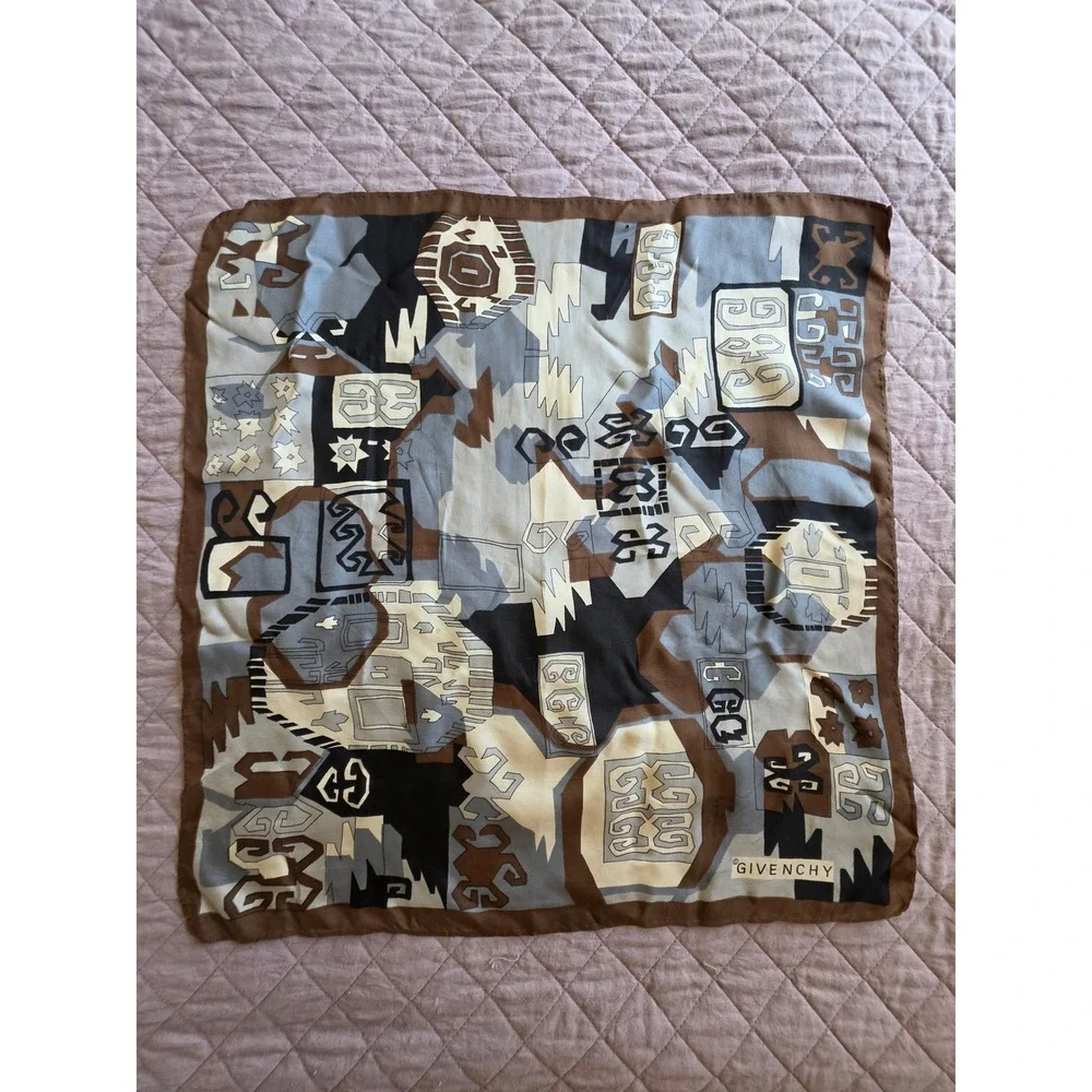 Givenchy VTG Elegant Chic Heritage Logo‎ Geometric Gray Brown Silk Scarf (flaws)